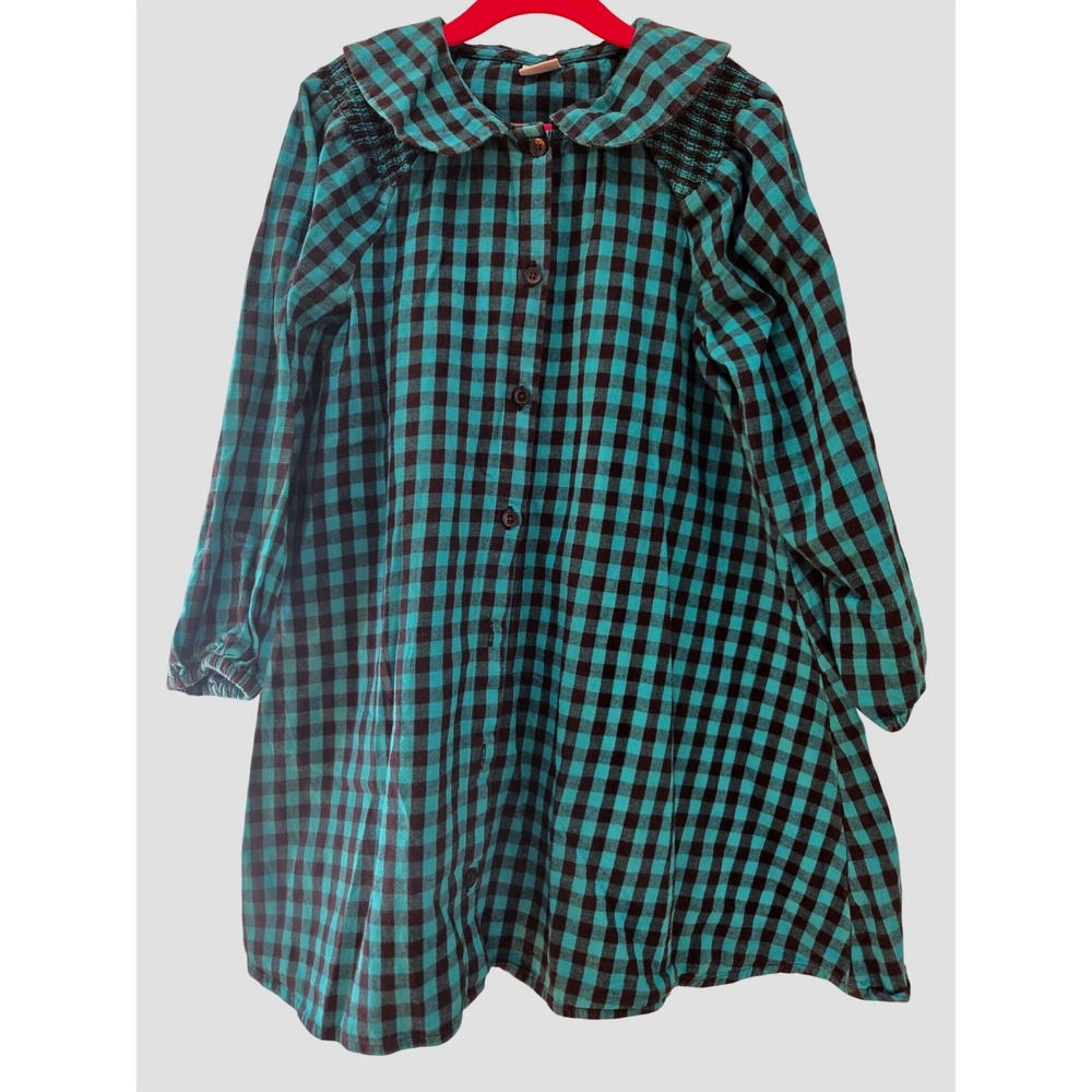 Next Girls Teal Black Gingham Check Smocked Button Down Dress Size 6-7 Years